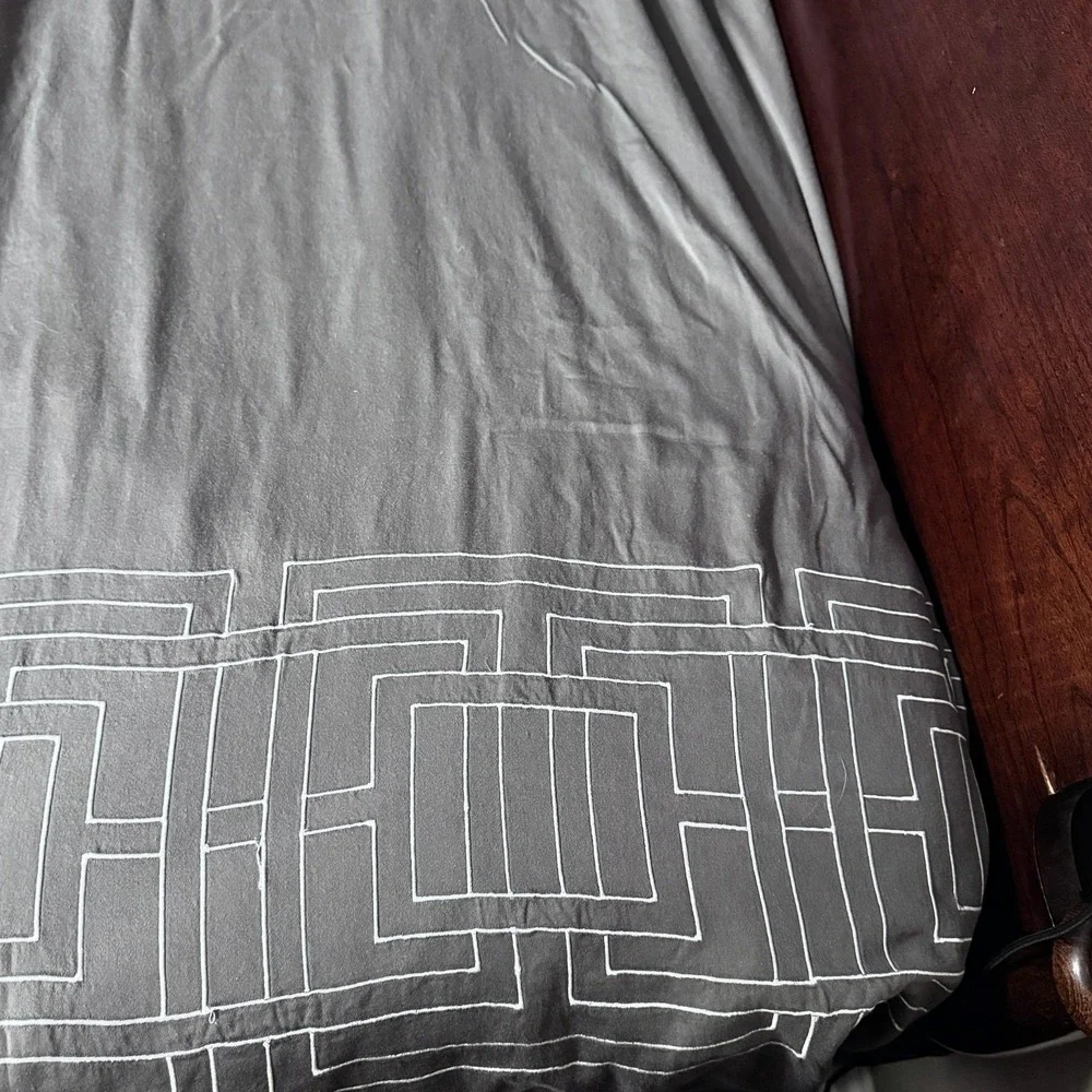 NICOLE MILLER HOME KING DUVET COVER Grey White Embroidery Edges Geometric Cotton